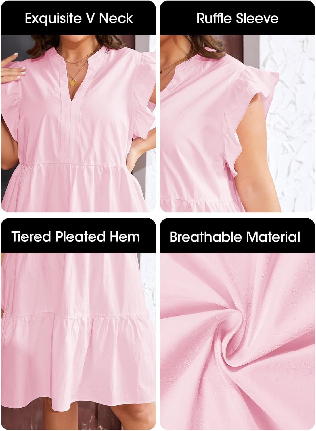 Fisoew Plus Size Dresses for Women Summer Ruffle Short Sleeve V Neck Dress Tiered Swing A Line Babydoll Mini Dress - Image 5