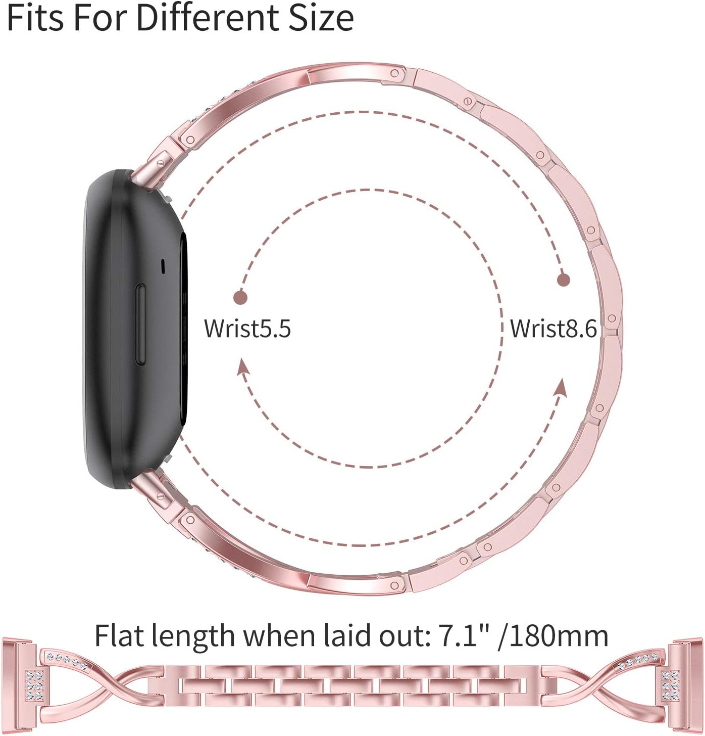 Wearlizer Metal Band Compatible with Fitbit Versa 4/Versa 3/Sense/Sense 2 Bands for Women, Dressy Stainless Steel Bling Rhinestone Link Bracelet Wristband Replacement Strap