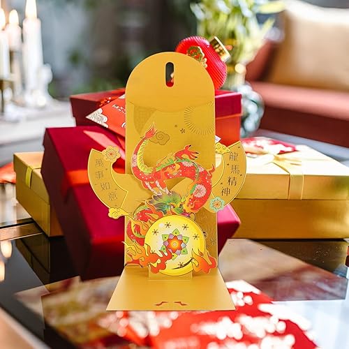 Vista 21 de Vaguelly Sobres rojos de año nuevo 3D 2024, 4 unidades, loto chino, carácter, año del dragón, Fengshui, Fortuna, sobre Hong Bao Lucky Money Red As