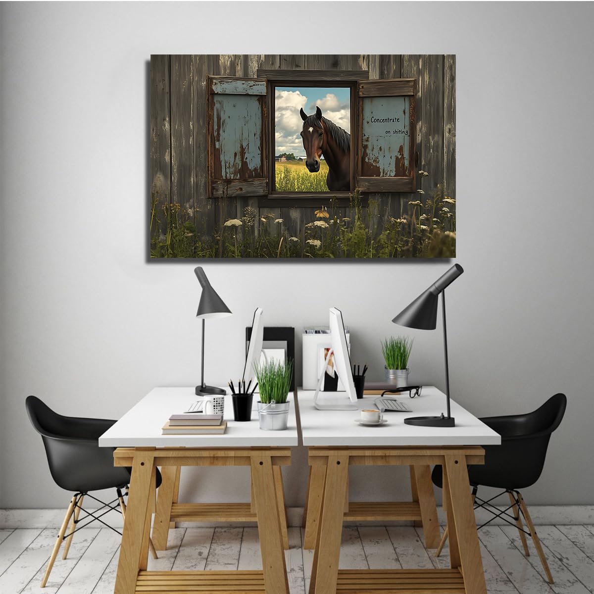 CHERHERART Sztuka ścienna vintage wiejski wiejski plakat wydruki na płótnie brązowy koń w rustykalnym oknie stodoły obraz na płótnie do łazienki wystrój domu 85 x 140 cm bez ramy