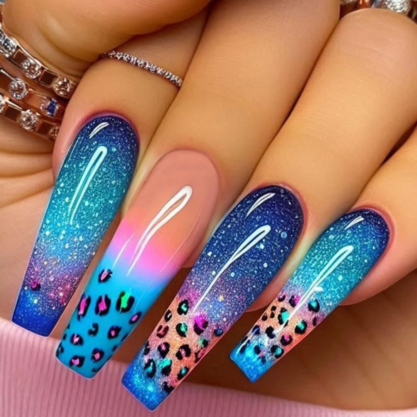 Blue Gradient Press on Nails Long Ballet Fake Nails Starlit Sky Stick on Nails Leopard Print False Nails French Glue on Nails Glossy Acrylic Nails