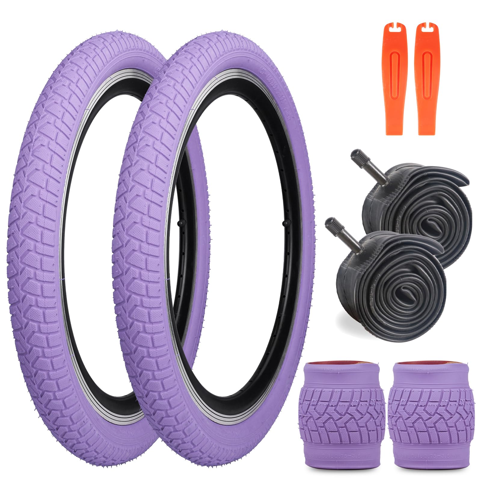 Pack of 2 Bicycle Tyres 20 x 2.125 Bicycle Sheath 30TPI Foldable Bike Tyres + 2 Pack 20 Inch Tube AV32 mm Valve Compatible 20 x 2.10-2.25 Tyres and Tubes (Purple, 20 x 2.125 Inches, with Hose)
