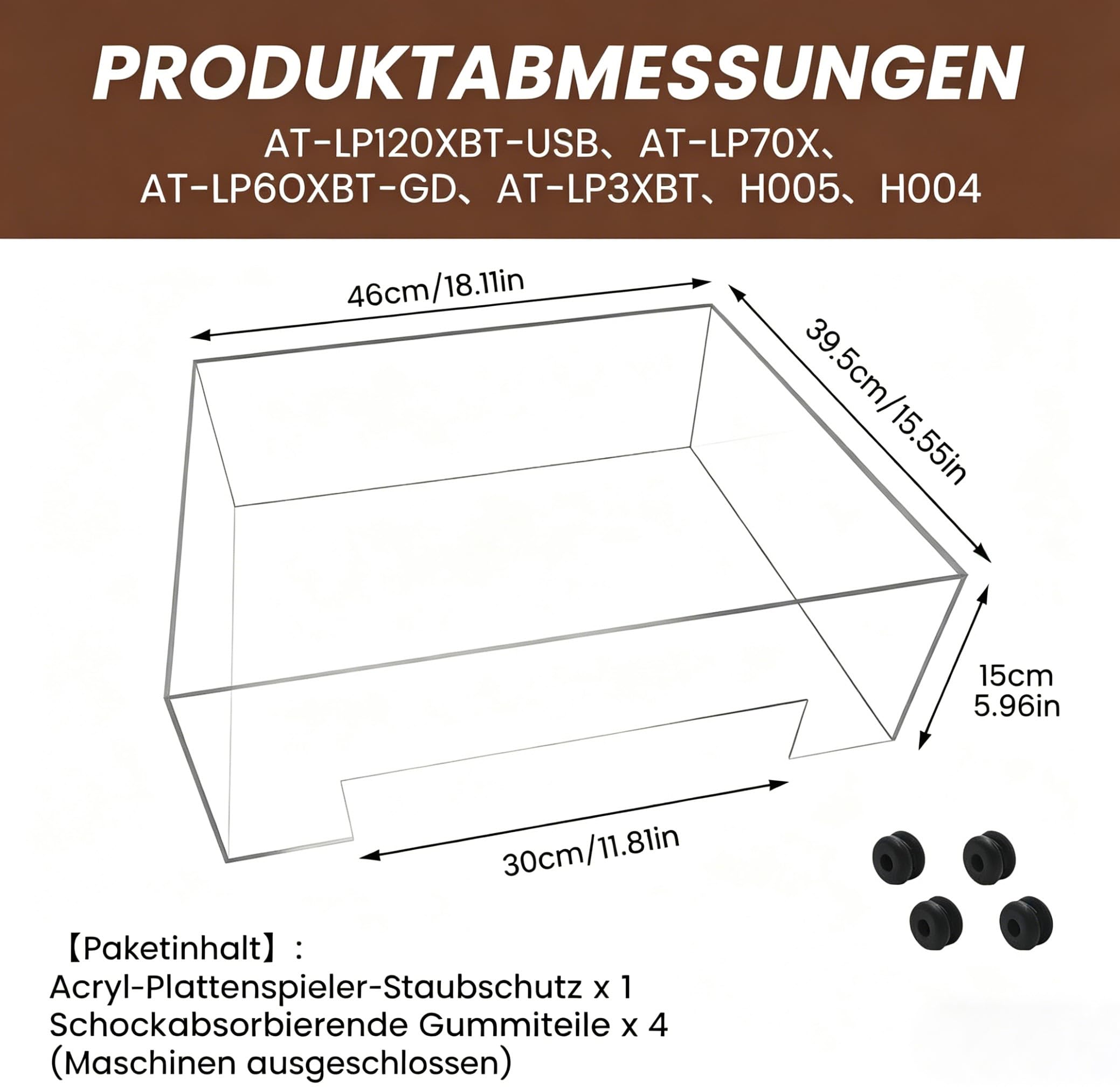Copertura antipolvere universale per giradischi in vetro acrilico, copertura trasparente con passacavi posteriore, nessuna cerniera necessaria, adatta per dispositivi fino a 46 x 39,4 x 15 cm