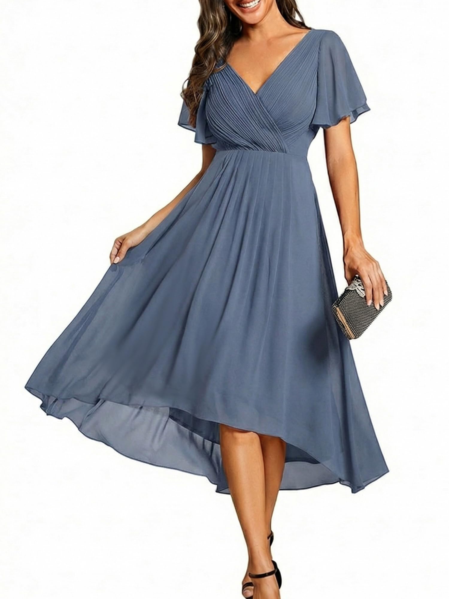 Ever-Pretty Women's Summer Chiffon Formal Wedding Guest Dresses Pleated V-Neck Short Sleeves Cocktail Dress 01923
