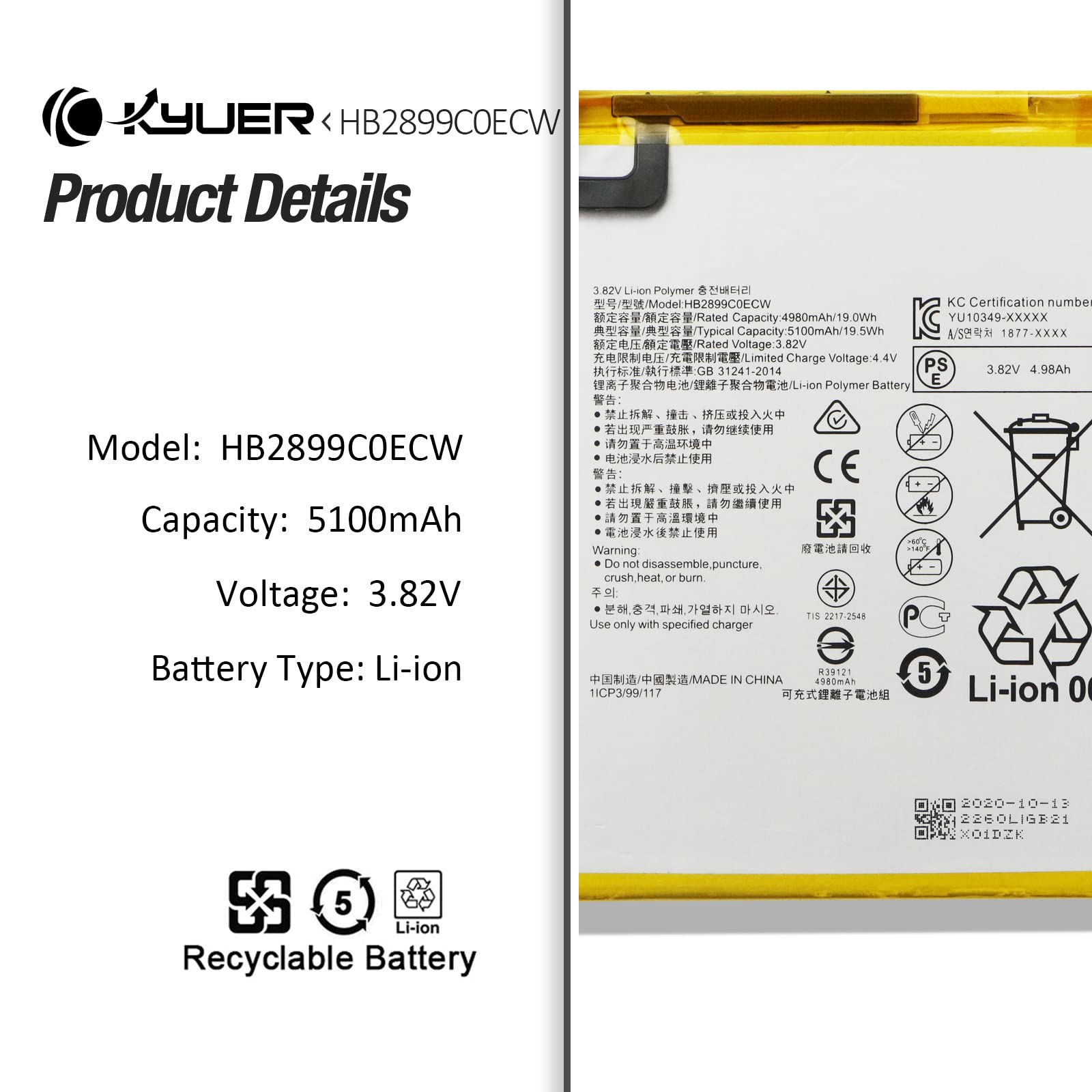 K KYUER HB2899C0ECW Tablet Batteria compatibile con Huawei MediaPad M3 M5 8.4" & Huawei MediaPad T5 10.1"BTV-DL09 BTV-W09 SHT-AL09 SHT-W09 AGS2-W09 AGS2-W19 AGS2-L03 AGS2-L09 Laptop Battery with Tools