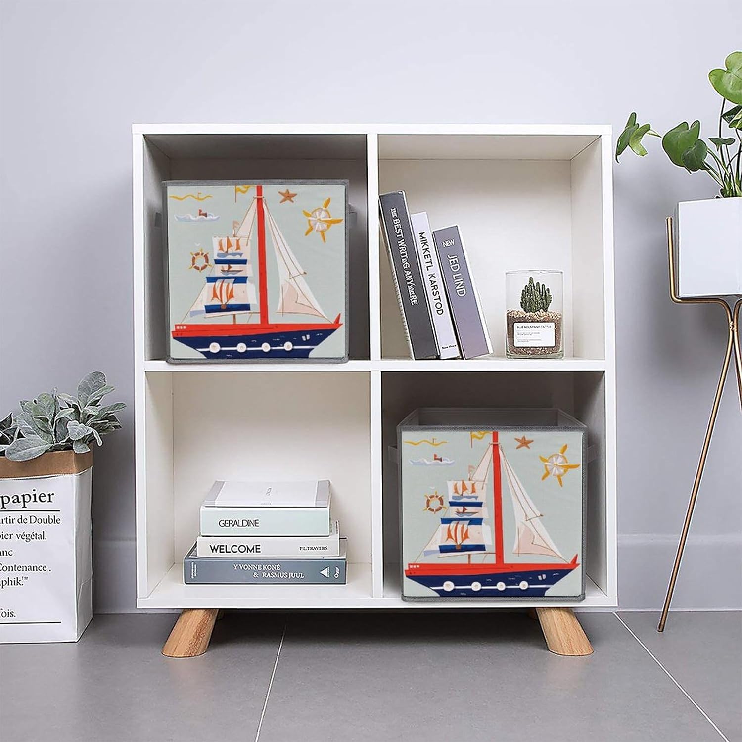 Cartoon Sailing Boat Foldable Storage Box with Handles, Durable Oxford Storage Cubes, 2PCS Collapsible Closet Organizer for Home, Shelf, Office, Travel