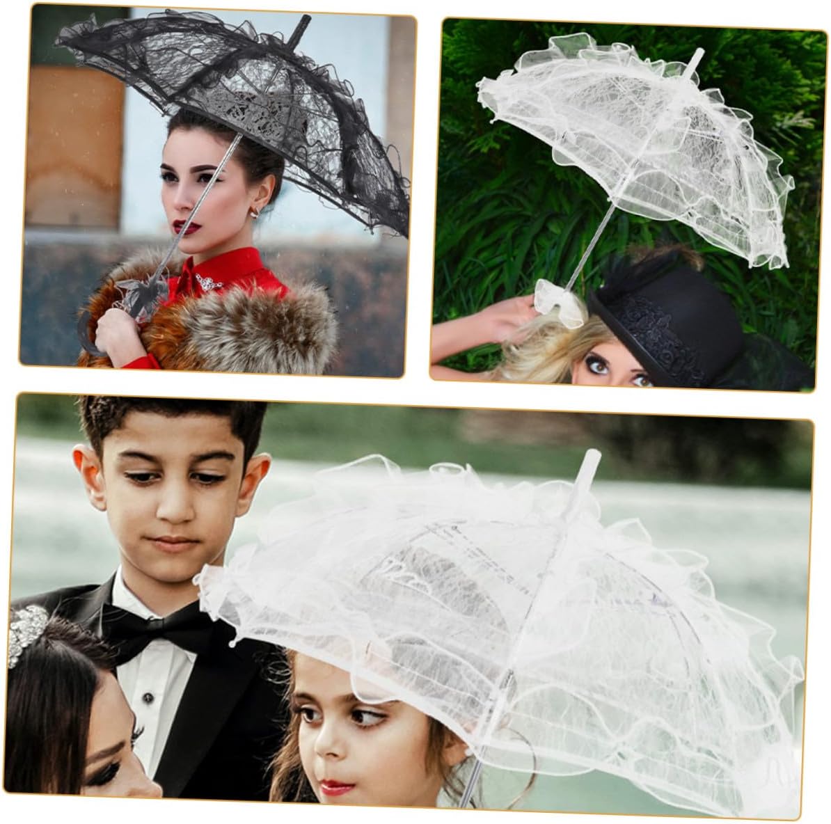 2pcs Lace Bridal Umbrella Set White and Black Embroidery Parasol for Wedding Bride and Sun Protection Decorative Vintage Stick Umbrella