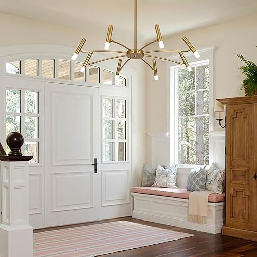 Miniatura 8 de KCO Iluminación contemporánea 8 luces LED Candelabros de latón cepillado para sala de estar, lámpara de techo Sputnik dorada de montaje empotrado,