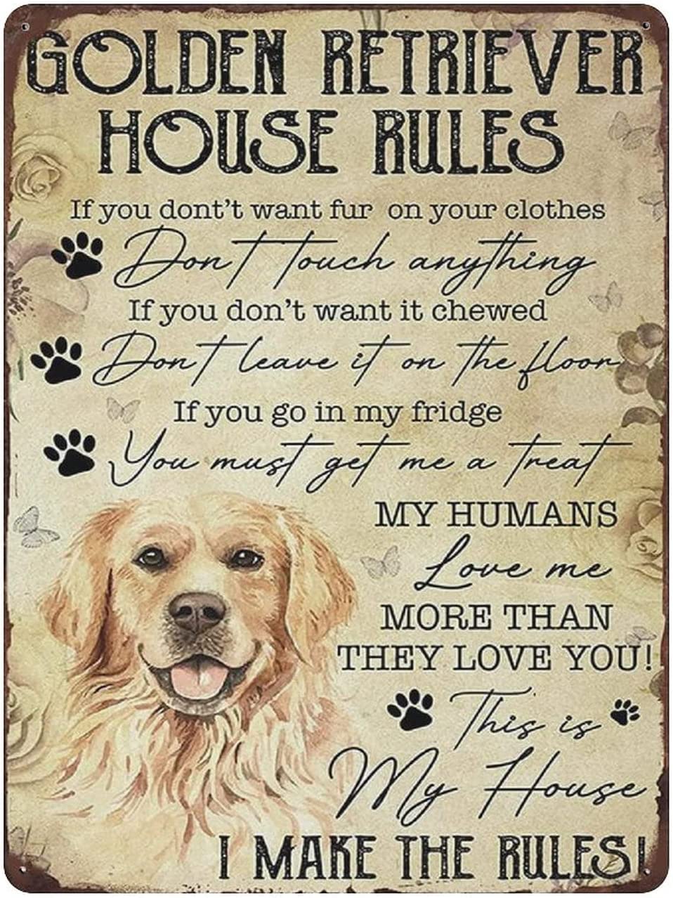 rayprint Golden Retriever House Rules Metal Signs Vintage Poster Retro Outdoor Sign Cave Garage Pub Bar Kitchen Home Wall Art Decor Plaque 12x16 Inches