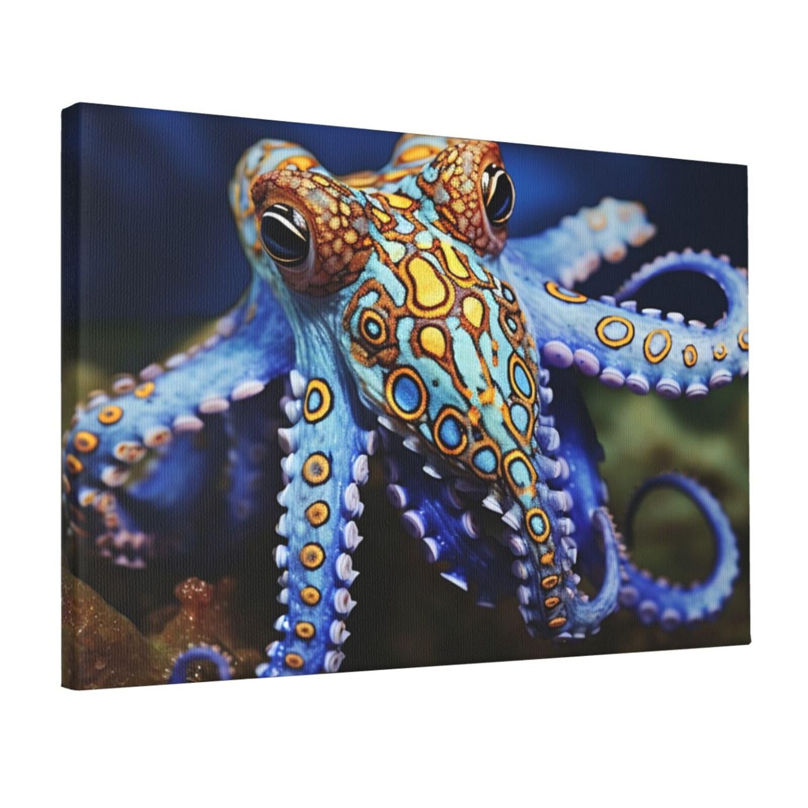 KLOPH Blue Ringed Octopus Canvas Wall Art for Living Room 12"x18" Modern Artwork Painting for Bathroom Hanging Canvas Prints Aesthetic Wallart for Bedroom Kitchen Office Wall Decor