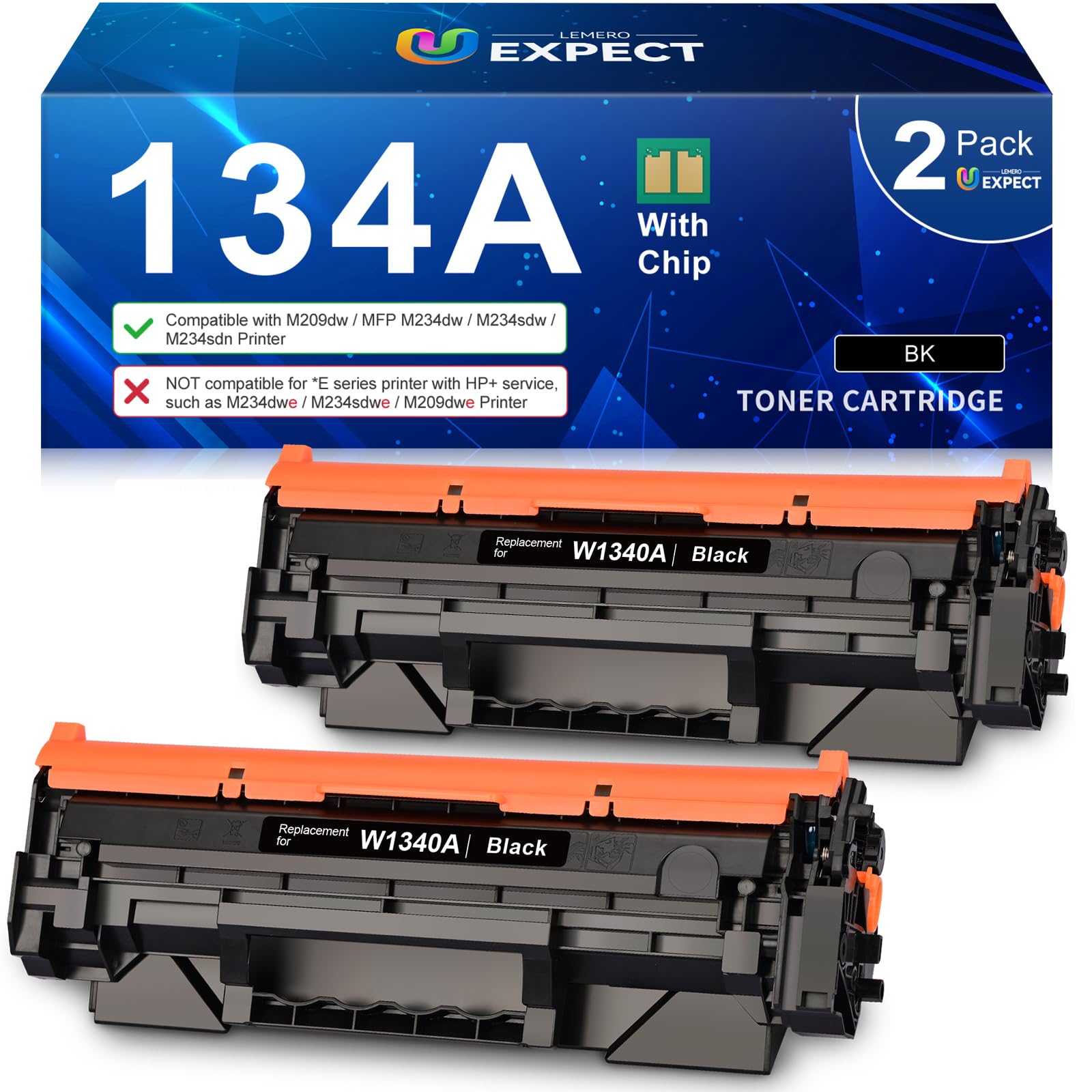 LEMERO UEXPECT Compatible Replacement for HP 134A 134A Toner Cartridge with Chip W1340A W1340X for M209dw MFP M234dw M234sdn Printer | 134A Black Toner, 2 Pack