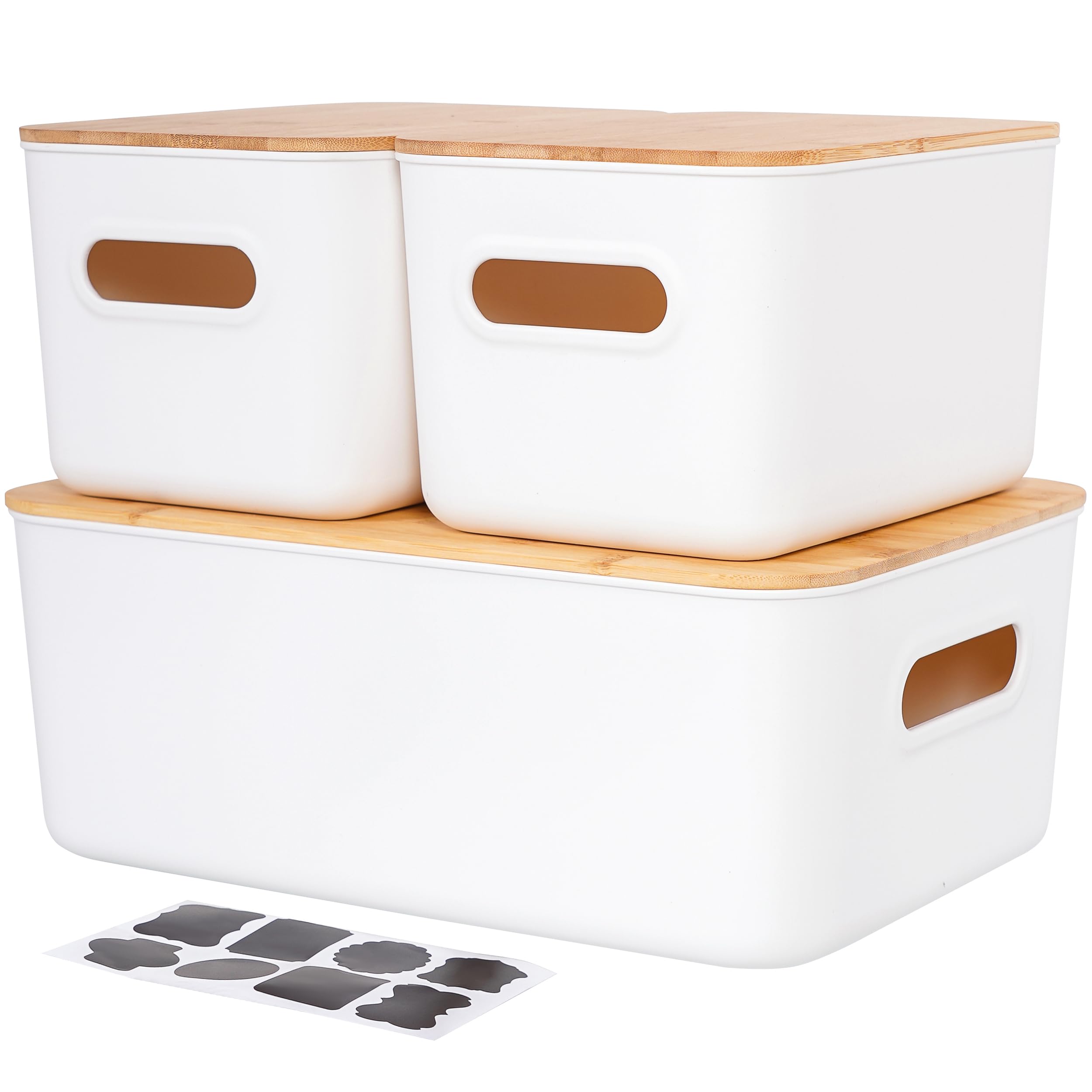 Set di 3 scatole portaoggetti con coperchio in bambù Scatole portaoggetti bianche in bambù Contenitori organizzativi in plastica Scatole portaoggetti impilabili con manici per cucina e bagno