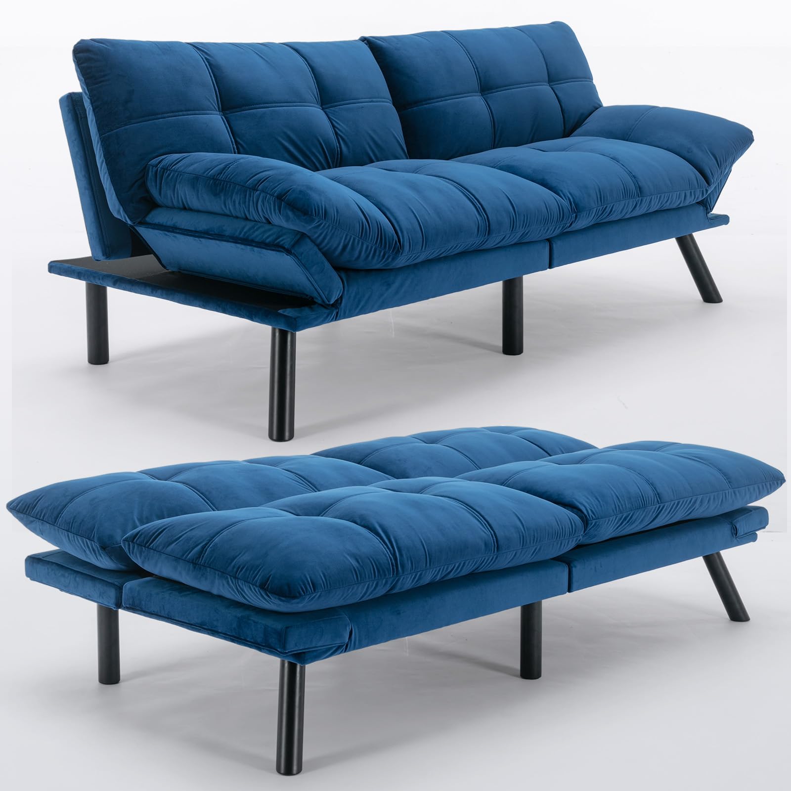 Velvet Convertible Futon Sofa Bed,71" Comfy Loveseat Sleeper Sofa with Adjustable Backrest Armrest, Strengthen Solid Wood, 7" Thicken Cushion, Small 2 Seater Twin Futon Couch for Living Room Bedroom