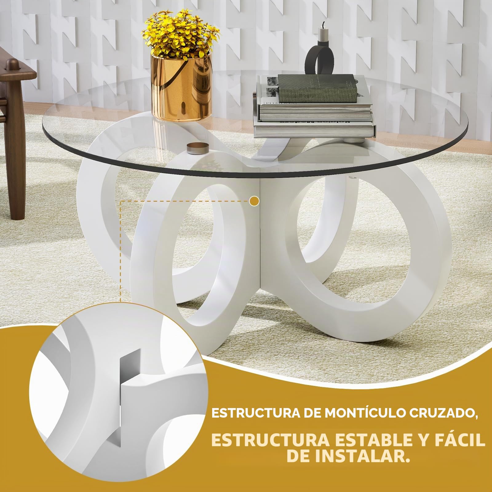 TWSOUL Mesa de centro de cristal, mesas de centro redondas, elegante mesa de cristal con estructura curvada, mesa de salón moderna, mesas de centro de lujo, 80 cm, para salón (patas blancas)