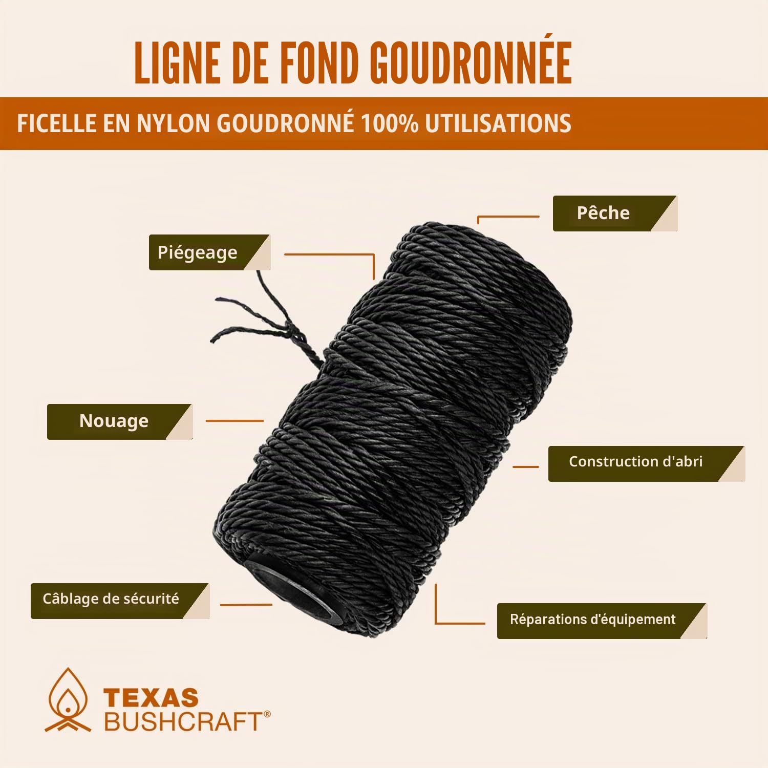 Texas Bushcraft Ficelle torsadée goudronnée en Nylon Noir #36 pour la pêche, Le Camping et la Survie en Plein air – Cordon de Ligne de Banque Solide et résistant aux intempéries pour trotline et Fil