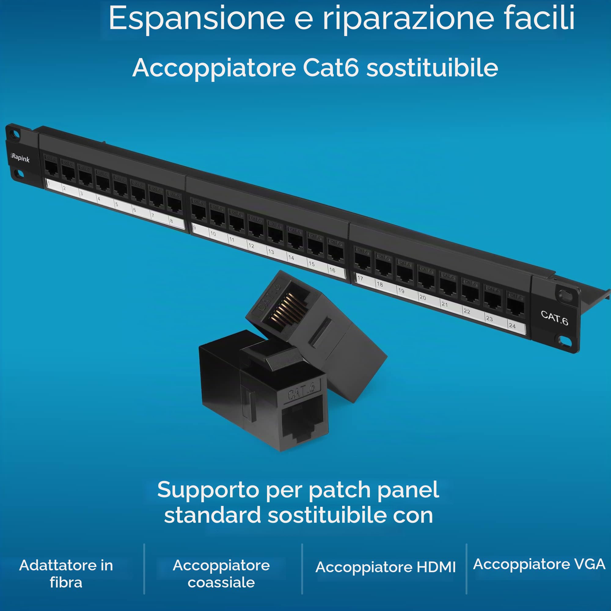 Rapink Patch Panel Cat6 a 24 porte con supporto Keystone in linea 10G, pannello patch PassThru accoppiatore UTP da 19 pollici con barra posteriore rimovibile, pannello patch di rete 1U per cablaggio