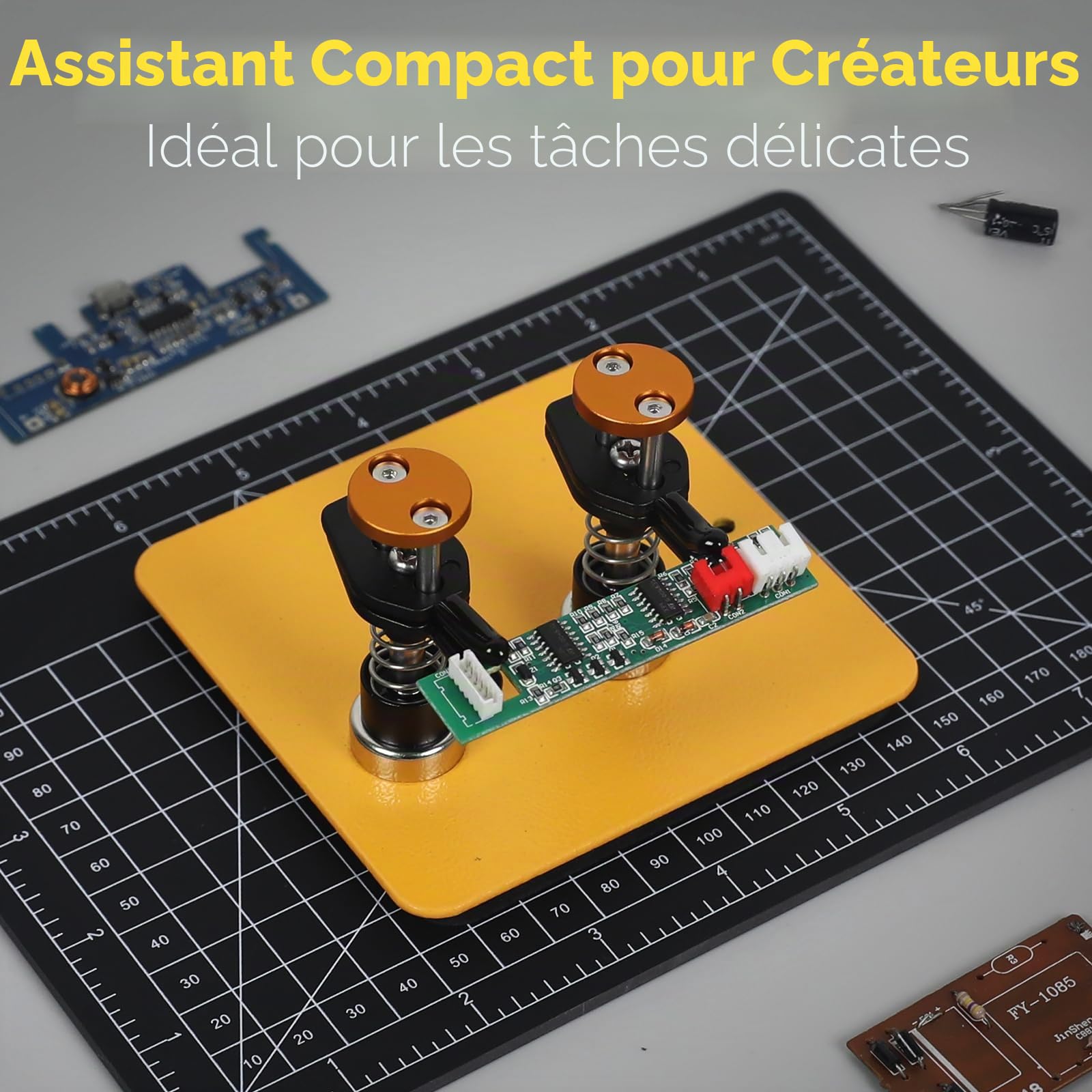 TOOLOUR ClampRex Troisième main pour makers – 3eme main soudure compacte avec pinces doubles,10 x 10 x 0,5 cm, base magnétique, sans retour ni marques – pour circuits, câbles, composants.