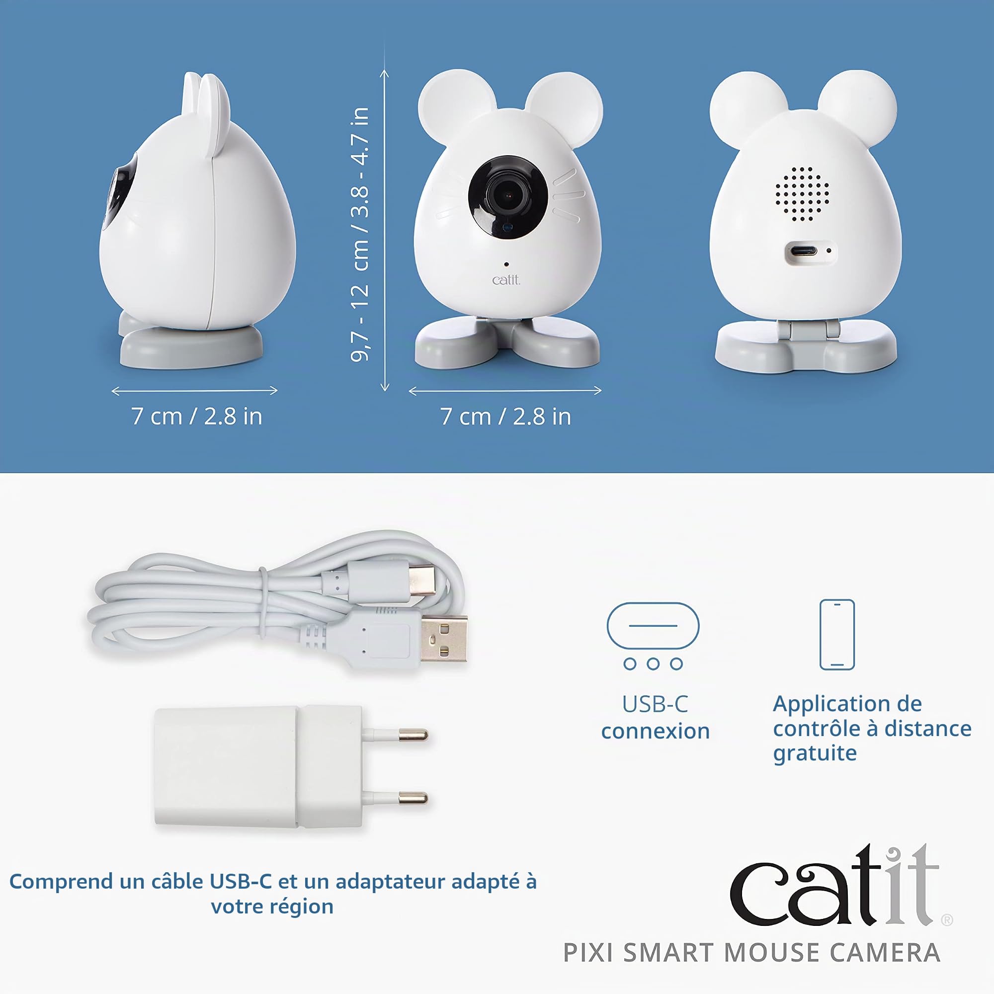 Catit PIXI Caméra Intelligente pour Animaux de Compagnie – Caméra 360° contrôlée par Application pour Chats avec Vision Nocturne, Audio bidirectionnel et détection de Mouvement – Enregistrez et