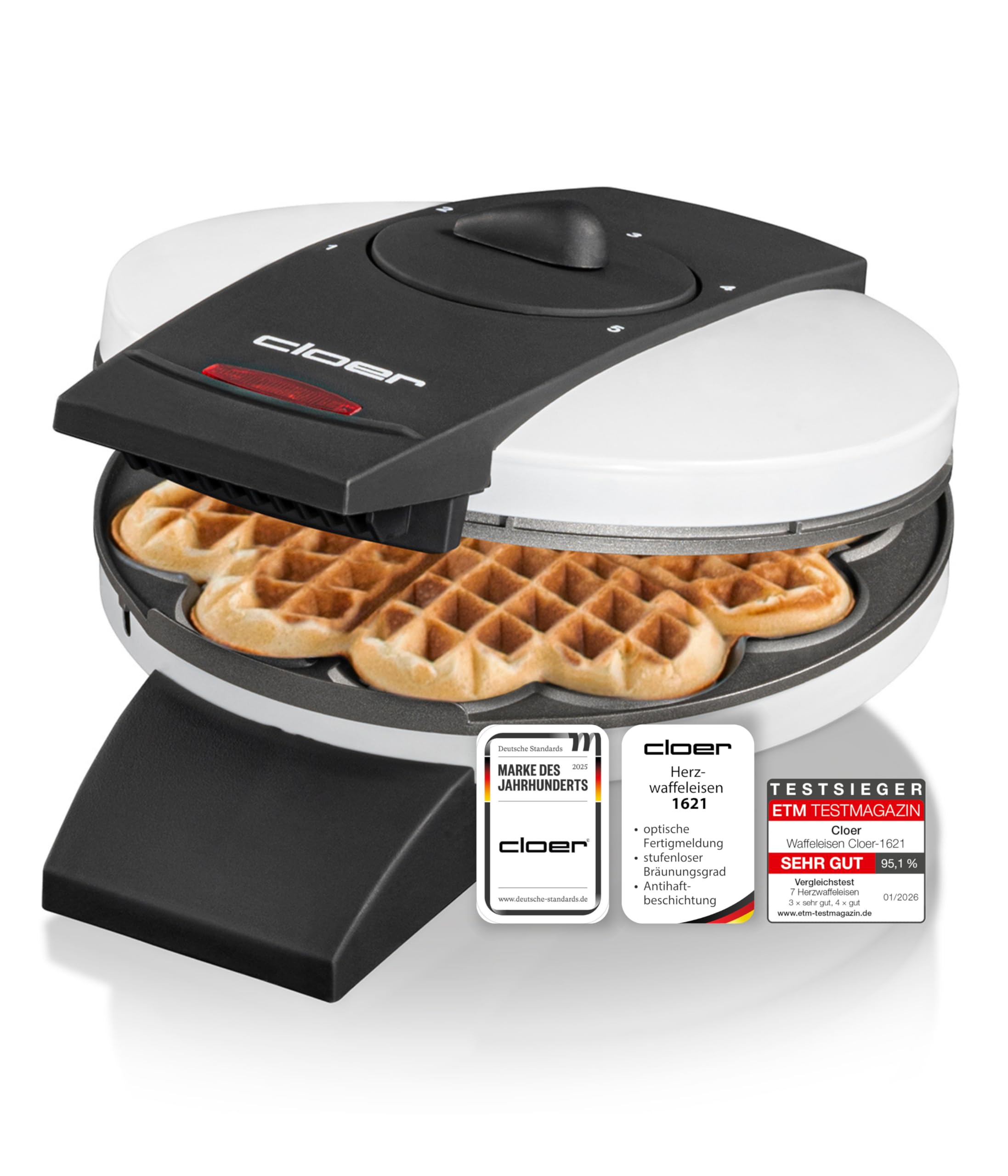 Cloer 1621 Waffeleisen 930 W 15,5 cm Herzwaffeln weiß Metall