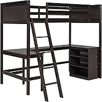 Vista 15 de Harper & Bright Designs Cama tipo loft individual con escritorio y 3 estantes, marco de cama tipo loft de madera maciza con escalera en ángulo