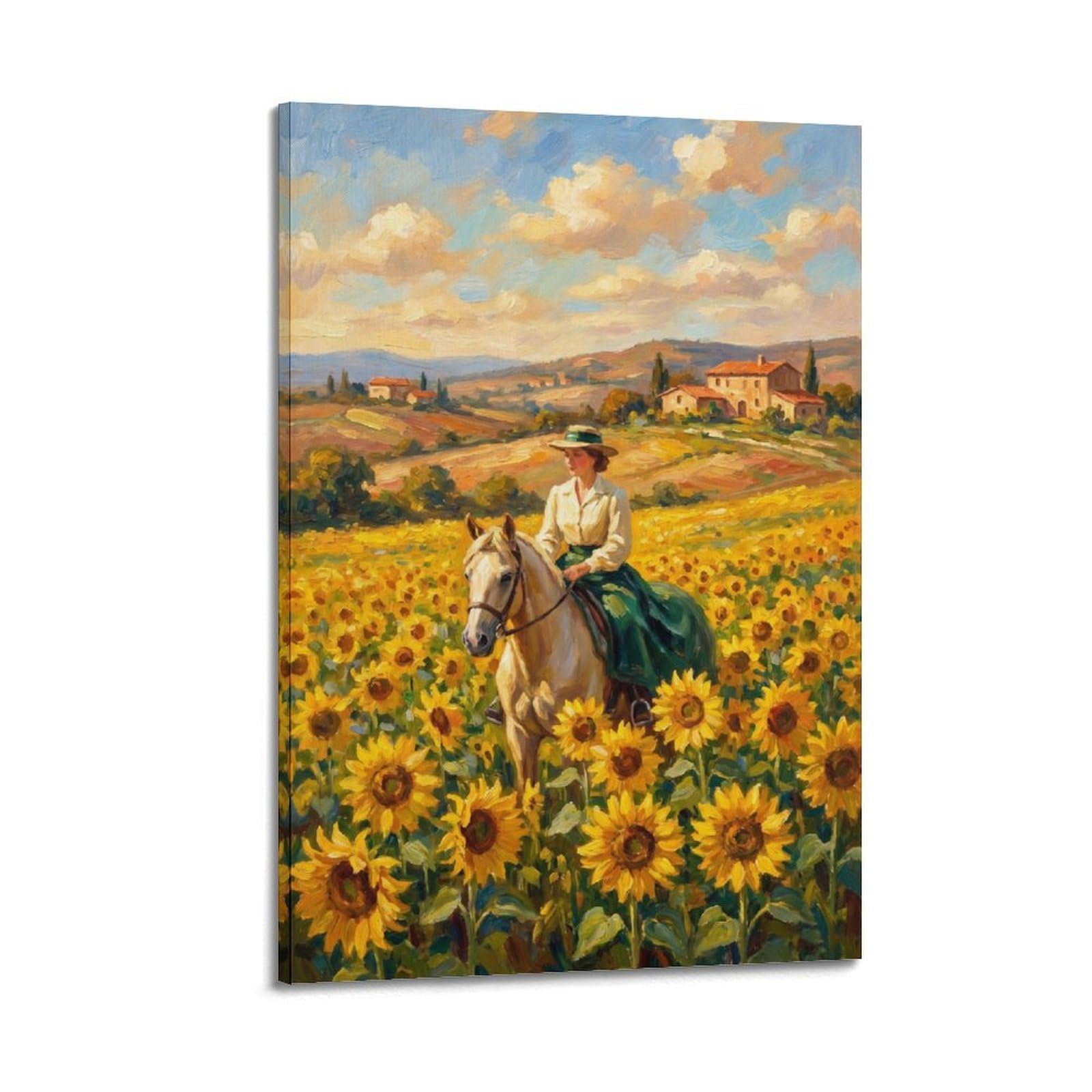 XKUGA Tuscany Horseback Riding Travel Poster Sunflower Field Summer Modern Decorative Canvas Prints - Ideal Wall Art for Family, Man Cave, Game Room, Boys & Girls Bedroom 20x30inch(50x75cm)
