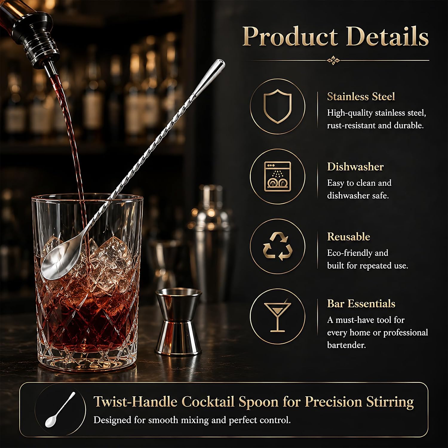 3Pcs 12 Inch Stainless Steel Bar Spoon, Polished Ergonomic Stirring Design for Smooth Beverage Blending, Twist-Handle Long Spoon Cocktail Mixing for Precision Long Handle Stirring