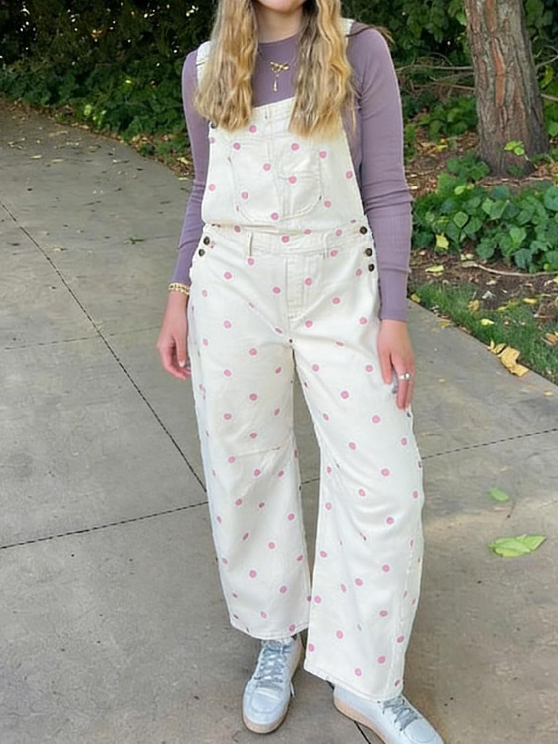 CHARTOU Y2k Polka Dot Barrel Jeans Overalls for Women Baggy Denim Jumpsuit Cargo Wide Leg Pants with Pockets