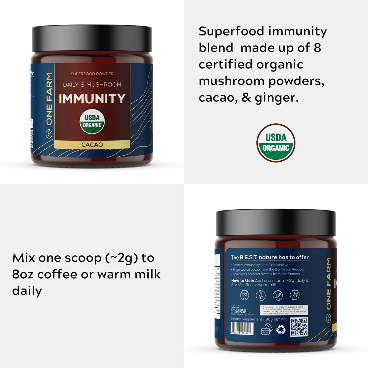 One Farm by WAAYB Organic 8 Mushroom Immunity Powder, Non-GMO - Turkey Tail, Chaga, Cordyceps, Shiitake, Reishi, Maitake, Lion's Mane, and Mesima - Vegan Mushroom Supplement in a Resealable Glass Jar