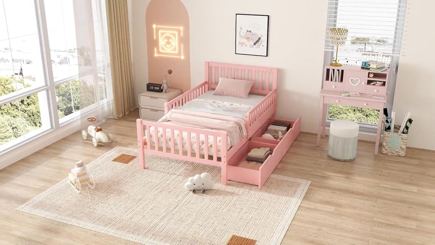 Kids Twin Size Bed Frame with Storage Drawers, Wood Twin Bed Frames for Kids, Twin Bed Frame with Headboard and Footboard for Boys Girls, No Box Spring Needed,Pink