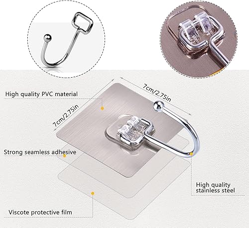 Miniatura 2 de Paquete de 10 ganchos de pared adhesivos resistentes, resistentes y transparentes, soportan hasta 22 libras, impermeables y reutilizables, ideales