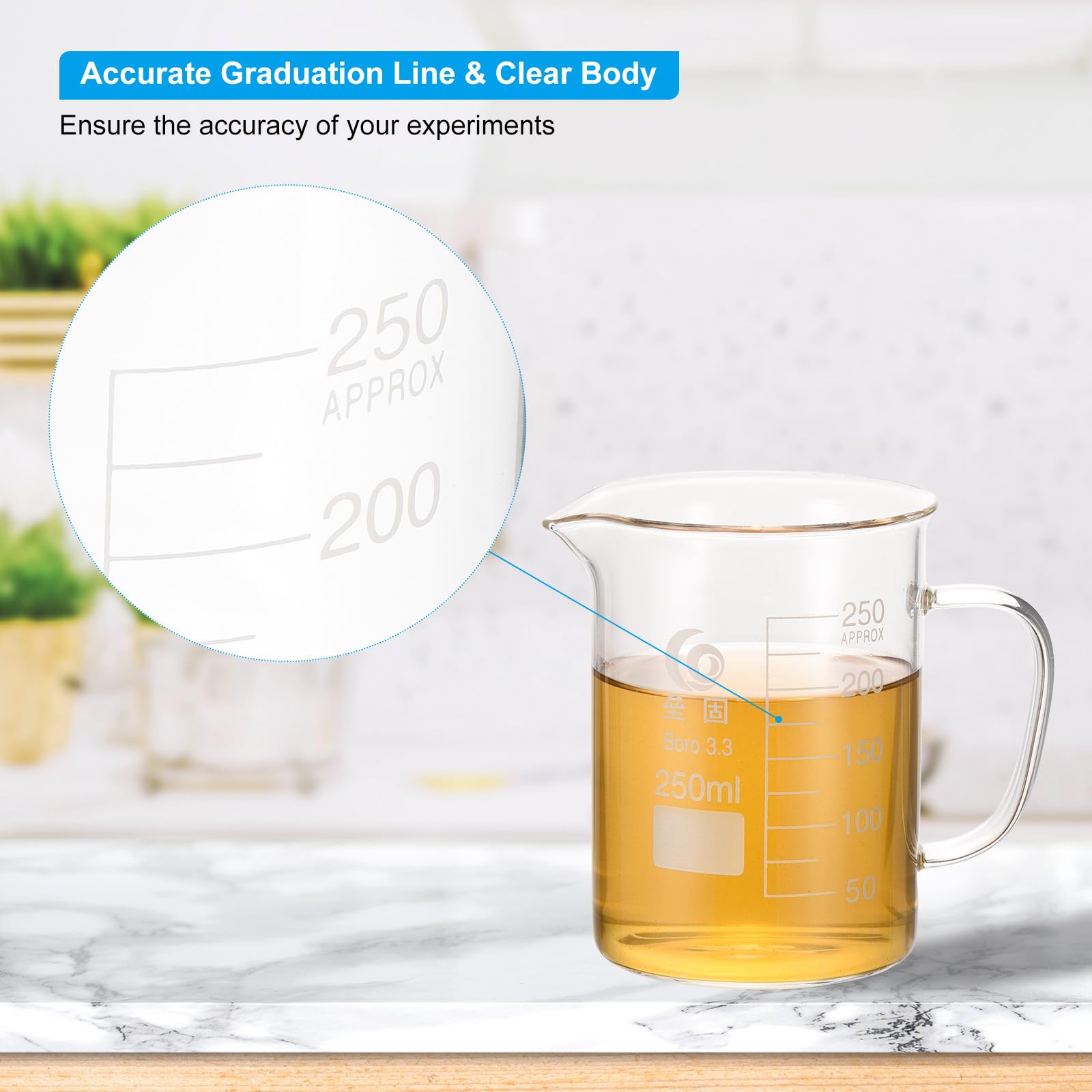PATIKIL 250ml Becher In Vetro, 4Pcs Becher 3.3 Vetro Borosilicato Becher Graduati Con Beccuccio Per Esperimenti Di Laboratorio, Cucina E Pasticceria, Trasparente