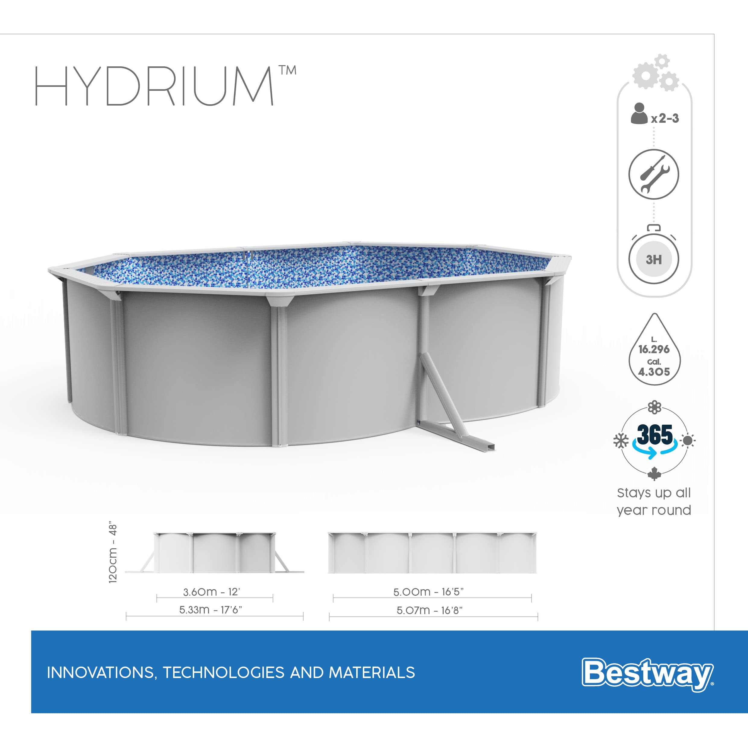 Bestway Hydrium Stahlwandpool Komplett-Set mit Sandfilteranlage 500 x 360 x 120 cm, grau, rund