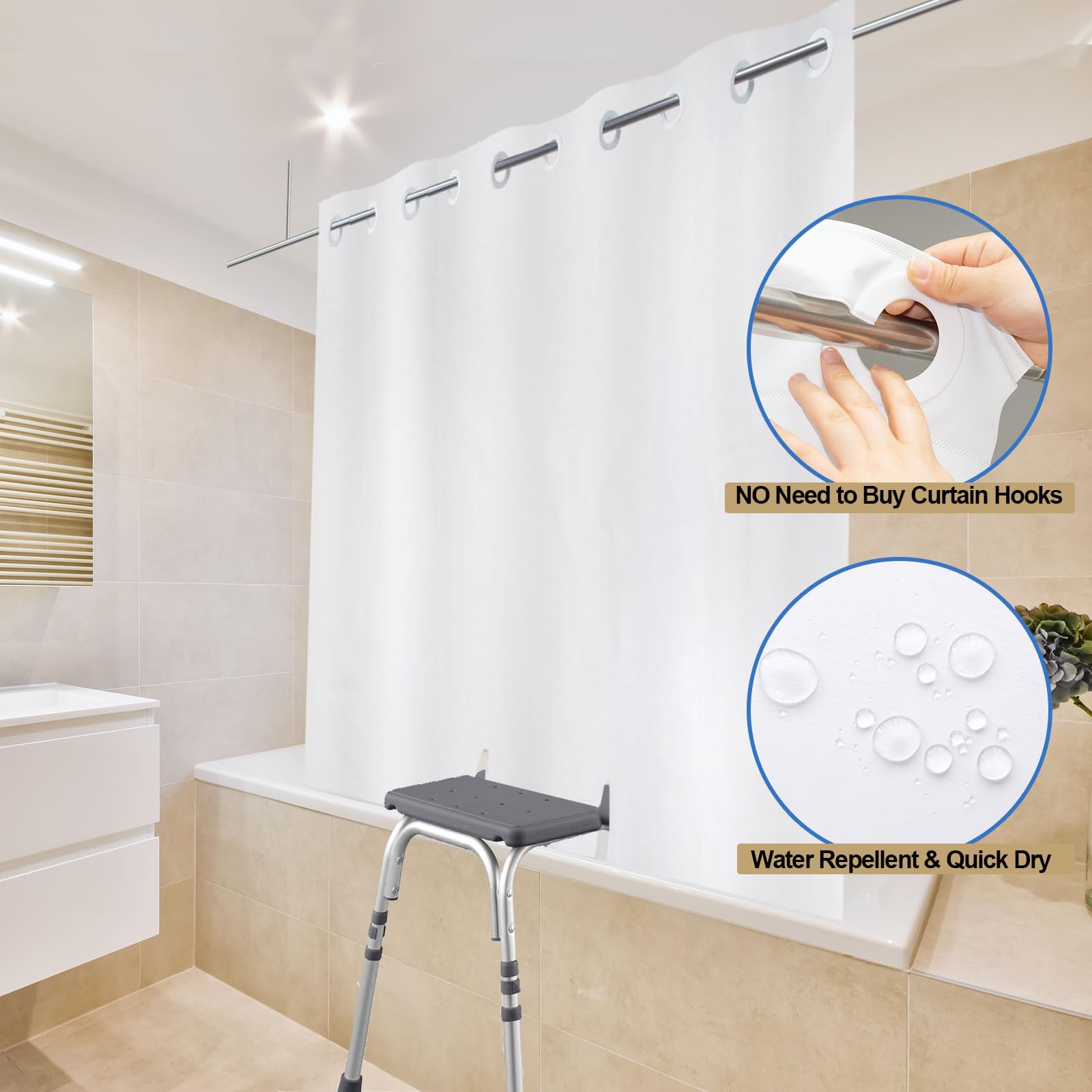 YISURE Tenda da doccia divisa per panchine da bagno, tenda da bagno in tessuto di poliestere, senza ganci necessari, design con 2 fessure verticali, bianca, grande 203,2 x 203,2 cm