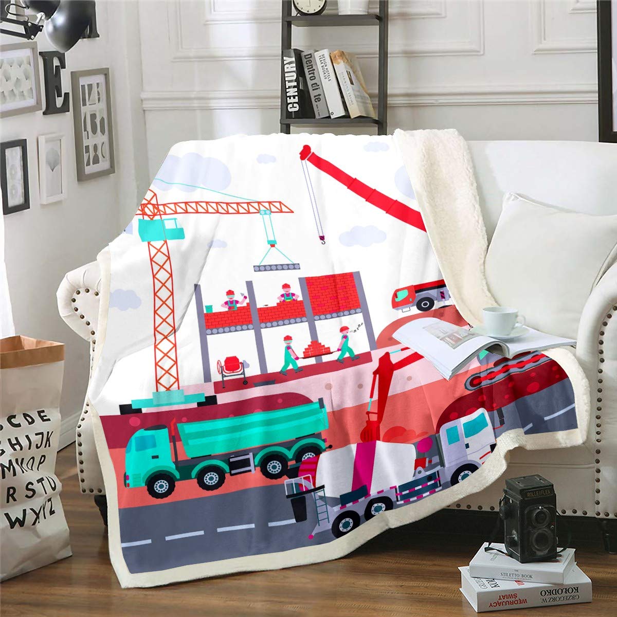 Coperta Sherpa per auto per bambini, per cantieri, veicoli in pile, coperta per letto, divano, divano, bambini, macchinari dei cartoni animati, camion, coperta ultra morbida per gru e decorazione