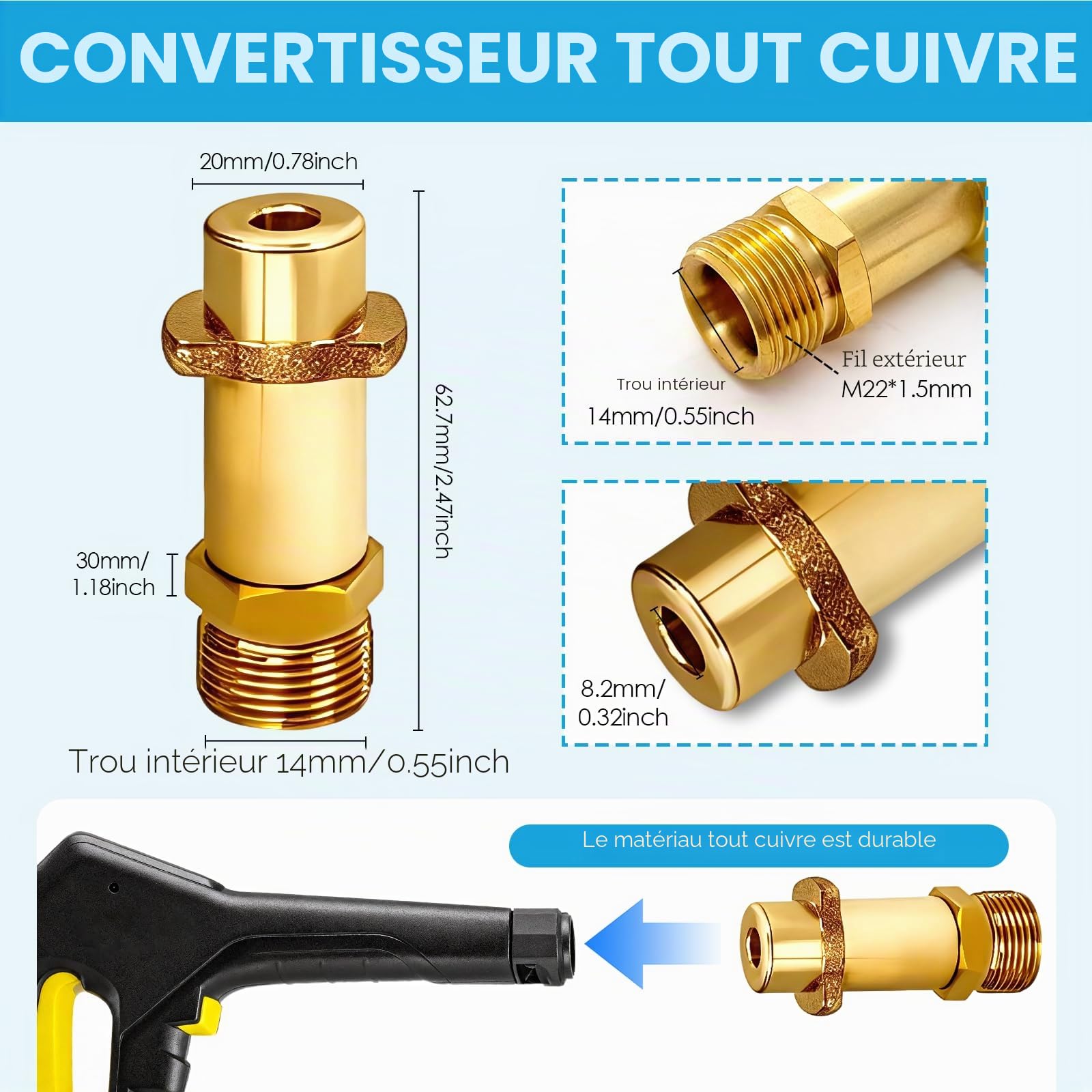 Tuyau de Nettoyage de Canalisations 15m, 180 bar avec Buse Rotative & Adaptateur M22 - Compatible avec Kärcher K2/K3/K4/K5/K6/K7 et Universel