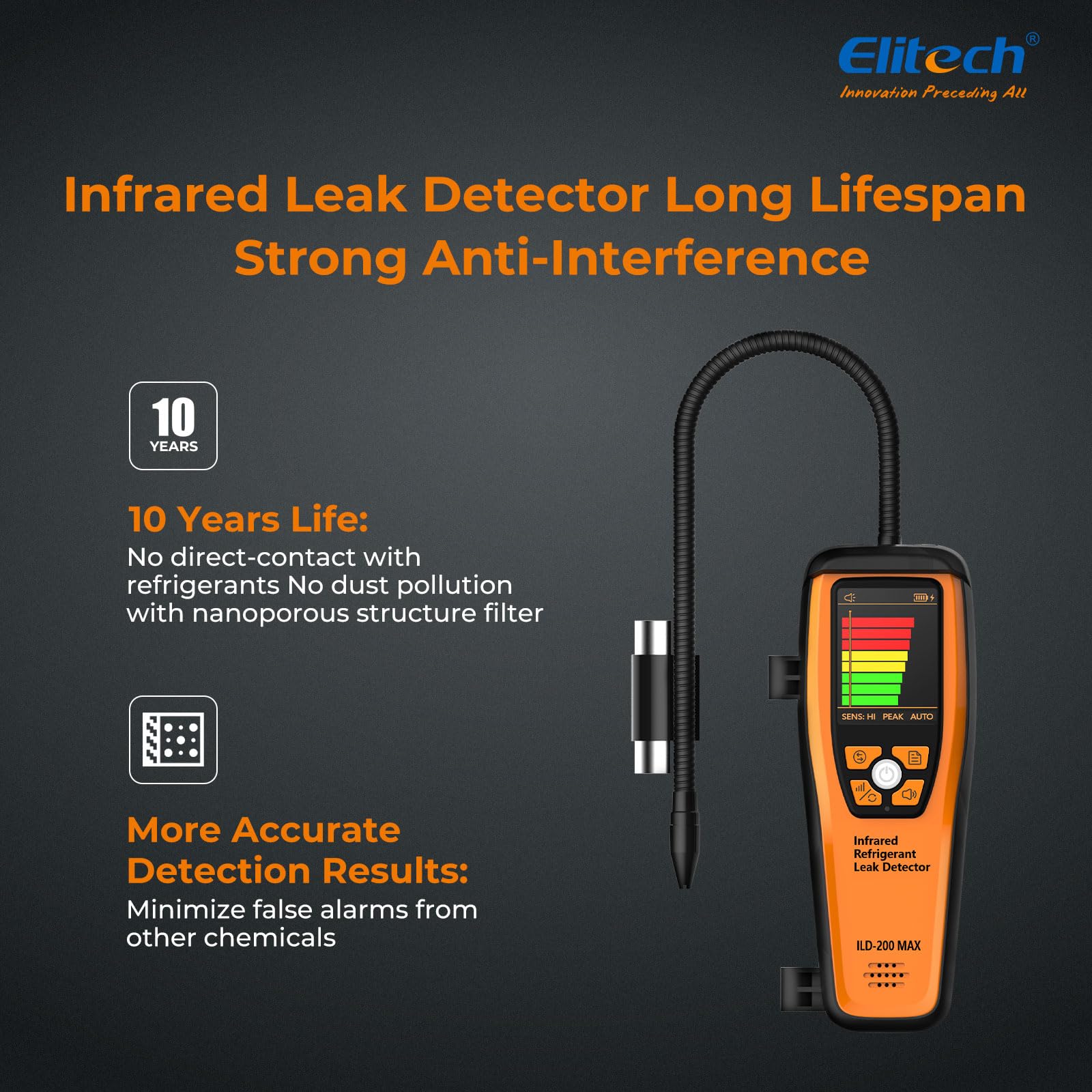 Elitech Rilevatore di perdite di frigorifero a infrarossi ILD-200 Max, alta precisione 1g/anno, sensore 10 anni di durata, rilevamento CFC/HFC/HCFC/HFO per professionisti HVAC/R