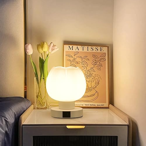 Miniatura 2 de Lámparas de mesa táctiles con puertos de carga USB A+C, lámpara de mesita de noche regulable de 3 vías con pantalla de vidrio de ópalo blanco,