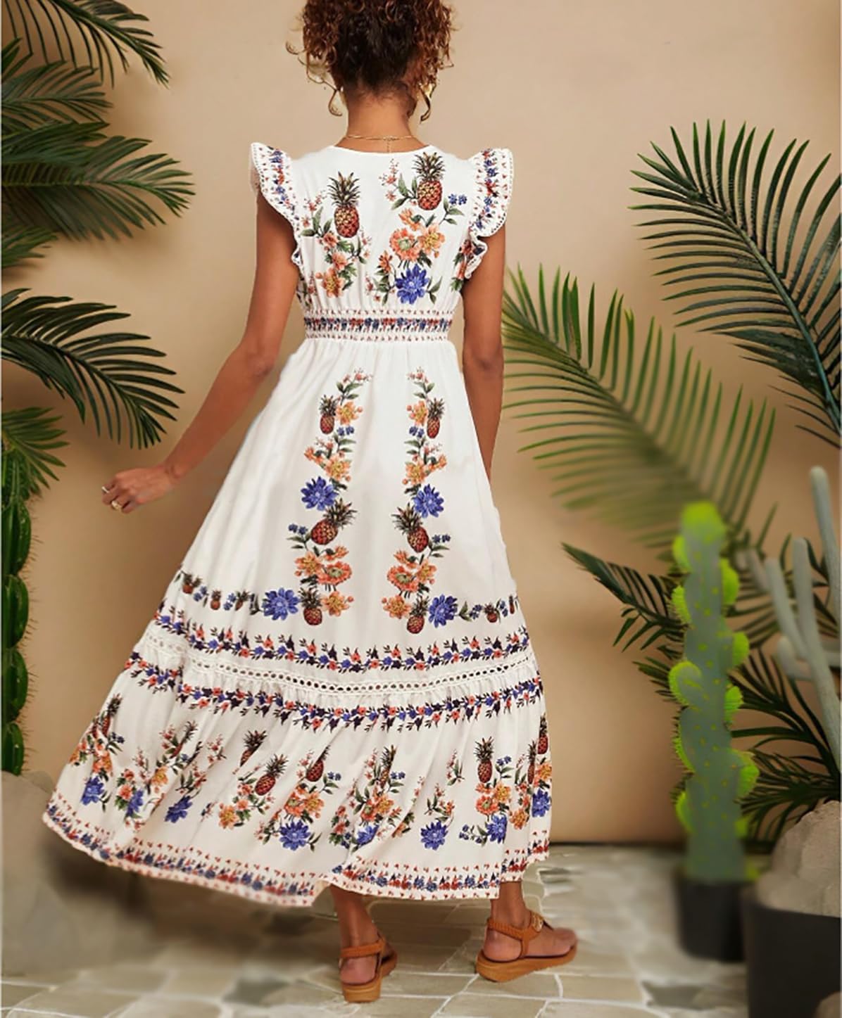 Women's V Neck Cap Sleeve Vacation Maxi Dress Fruit Floral Print Elastic Waist Summer Casual Long Beach Dress - Image 3
