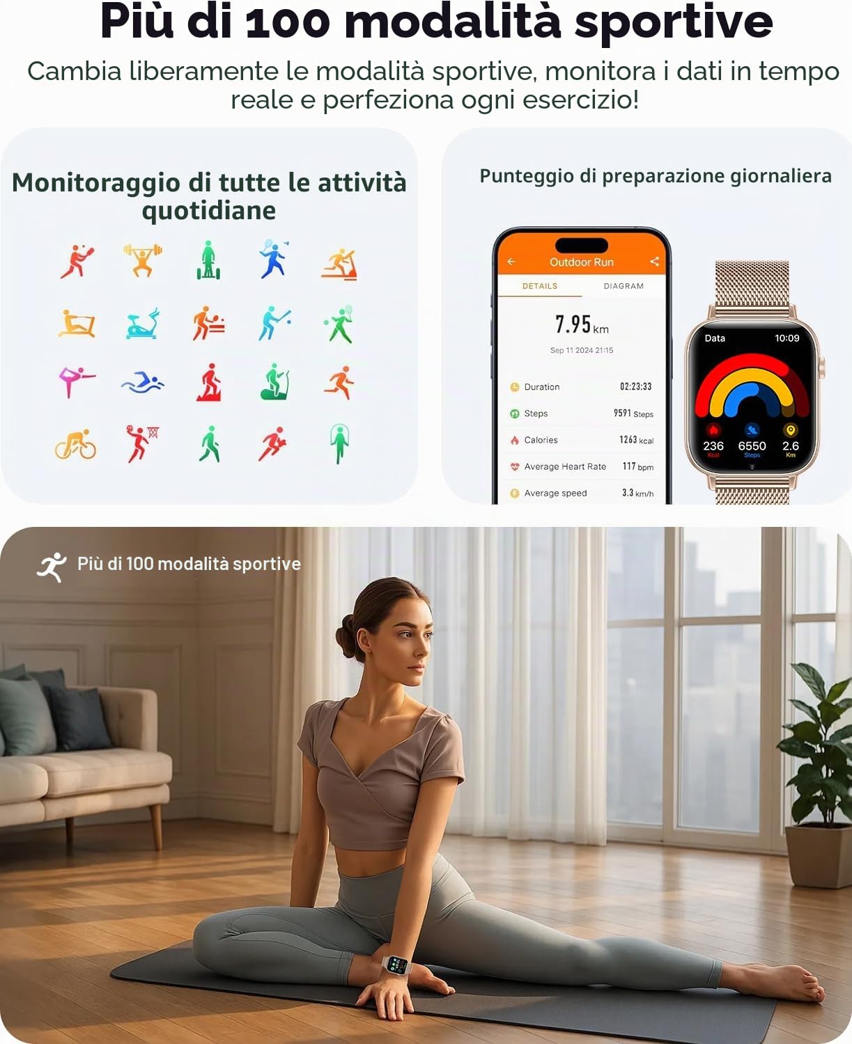 Smartwatch Donna, 1.83” Orologio Smartwatch con Chiamata Bluetooth, 100+ Sport Fitness Tracker con Frequenza Cardiaca SpO2 Sonno, IP68 Impermeabile, Smart Watch per iOS & Android, Oro Rosa