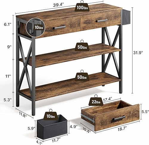 Miniatura 12 de Gizoon Mesa de entrada de 39 pulgadas con 2 cajones y estantes de almacenamiento de 3 niveles, mesa de sofá larga y estrecha industrial, mesa