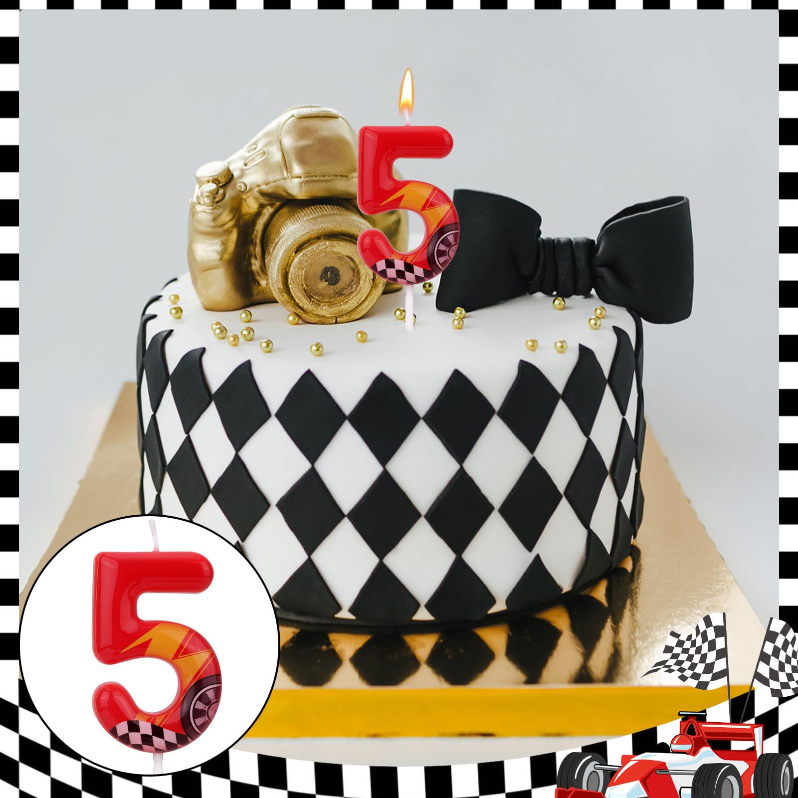 Bougie d'Anniversaire Thème Voitures Course Numéro 5 Rouge Forme Voiture pour Gâteau