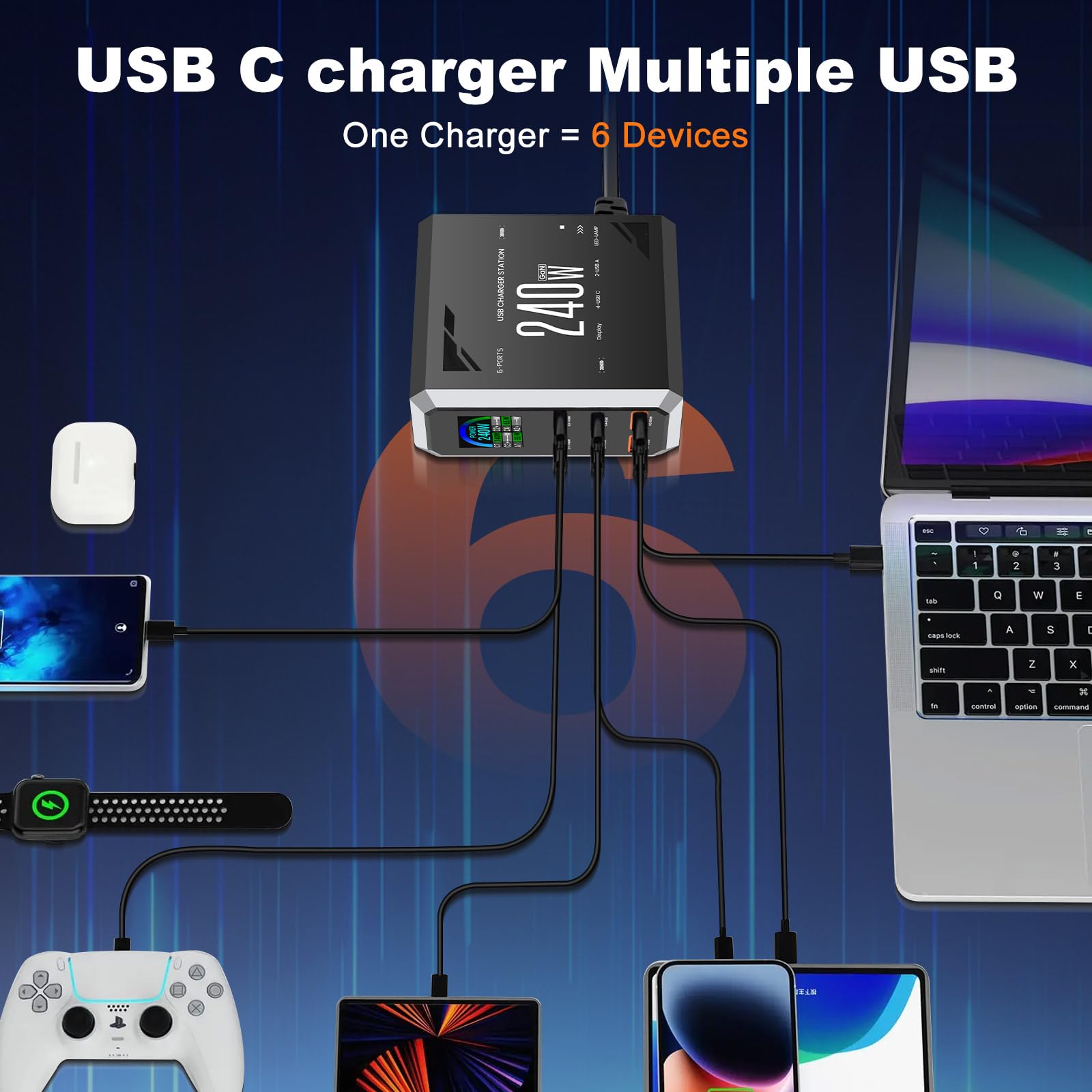 Chargeur USB C 240W Multiport, Station de Charge Rapide à 6 Ports avec 4 USB C + 2 USB A pour MacBook Pro/Air, iPad/iPhone 15 Pro/Samsung, etc