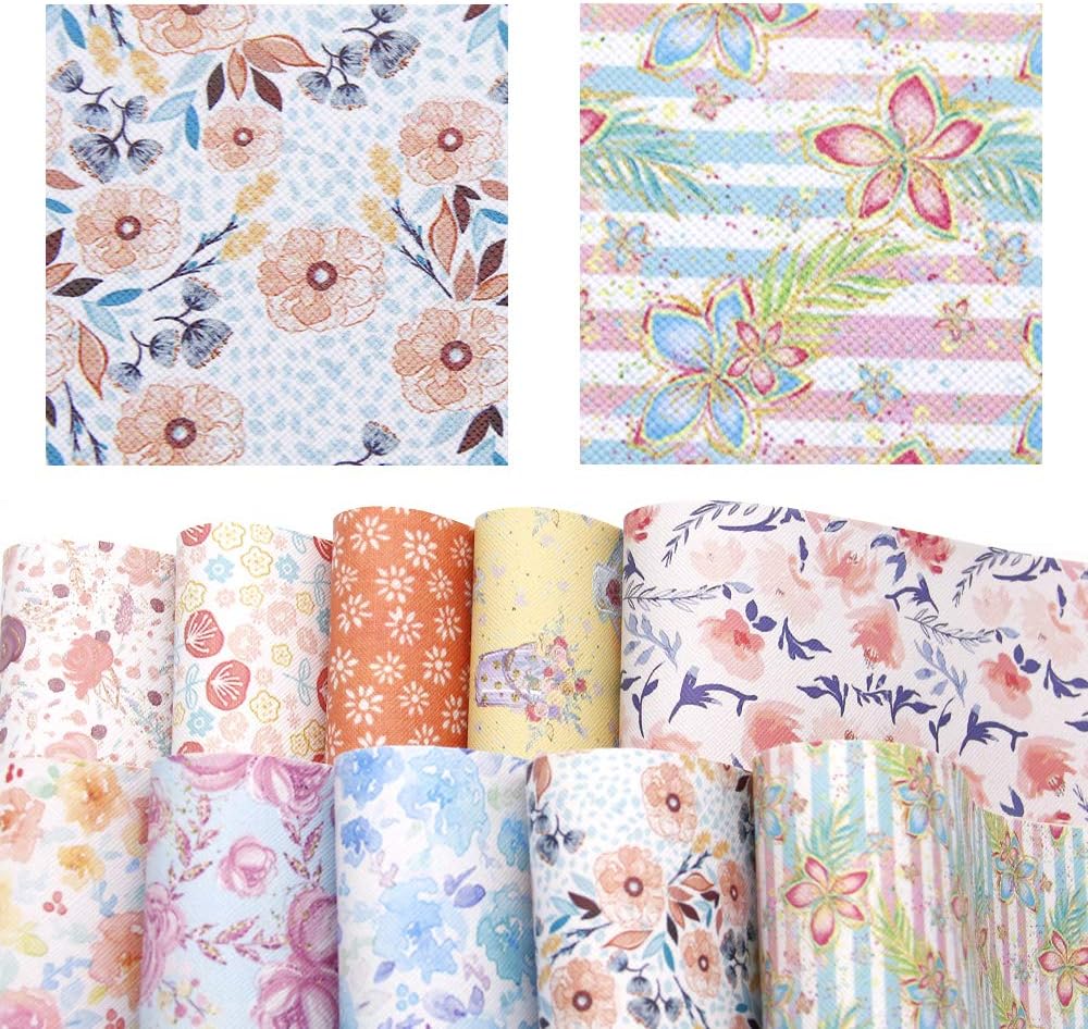 David accessories Flower Floral Pattern Printed Faux Leather Sheet Synthetic Leather Fabric 10 Pcs 7.7" x 12.9" (20 cm x 33 cm) for DIY Earring Bows Making (Flower Pattern A)