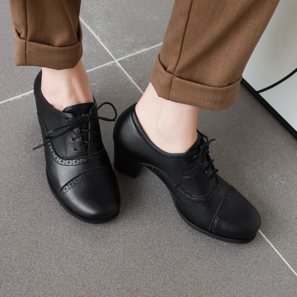 Women's Oxfords Wingtip Lace Up Chunky High Heels Pumps Square Closed Toe Vintage Brogue Dress Shoes - Image 5