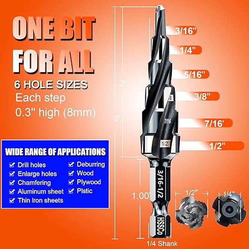 Miniatura 4 de Juego de brocas con paso de flauta en espiral para metal, cobalto M35, 316 a 12 pulgadas (6 tamaños), resistente al desgaste con revestimiento