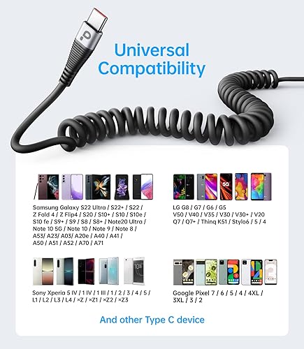 Miniatura 7 de Cable USB C de carga rápida, paquete de 2 cables de carga USB A a tipo C en espiral de 3 pies para automóvil, cable de carga USB-C en espiral