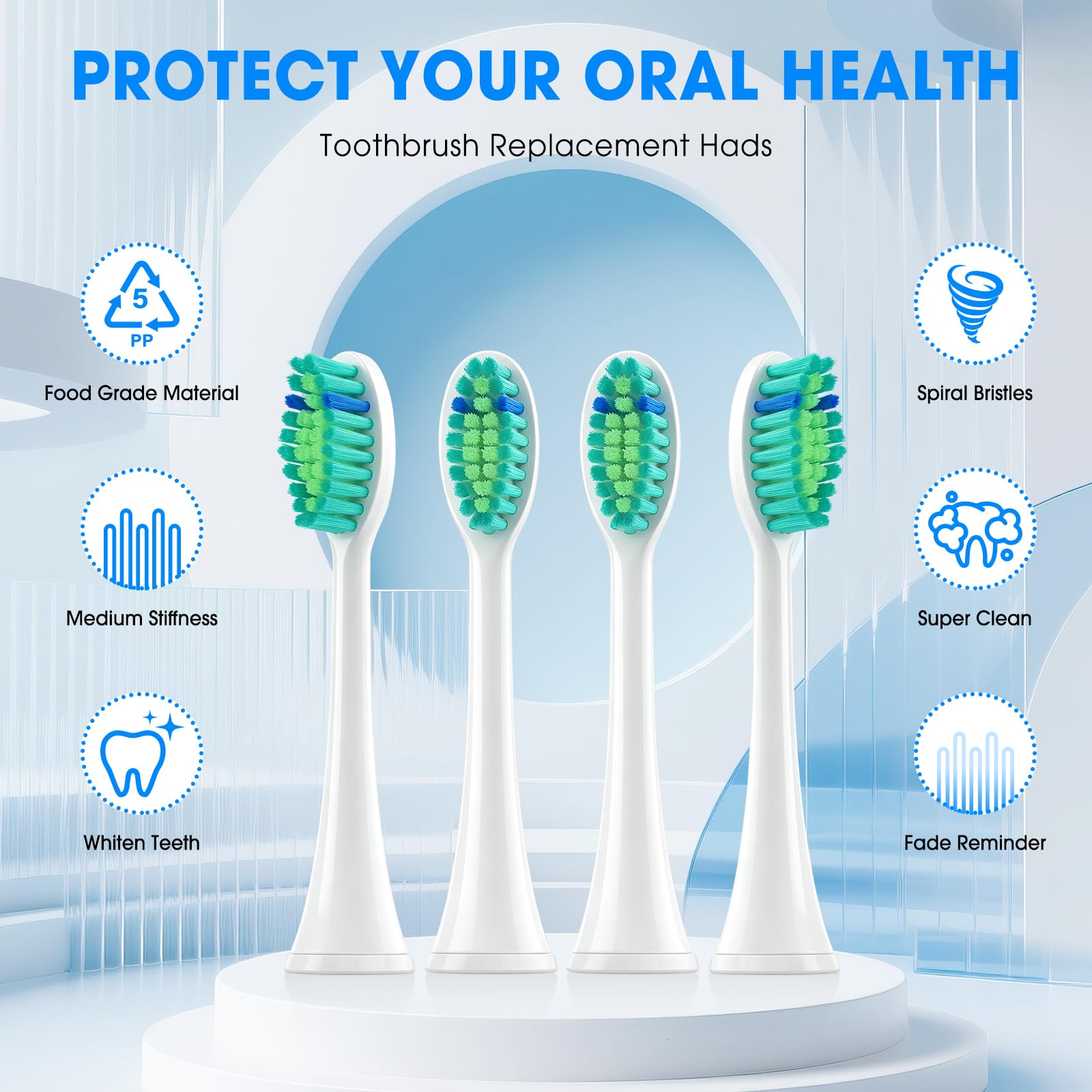 Cabezales de repuesto para cepillo de dientes TAO Clean Sonic, cabezales de repuesto para cepillo de dientes TAO Clean Sonic, cerdas suaves medianas para adultos, blanco, paquete de 4