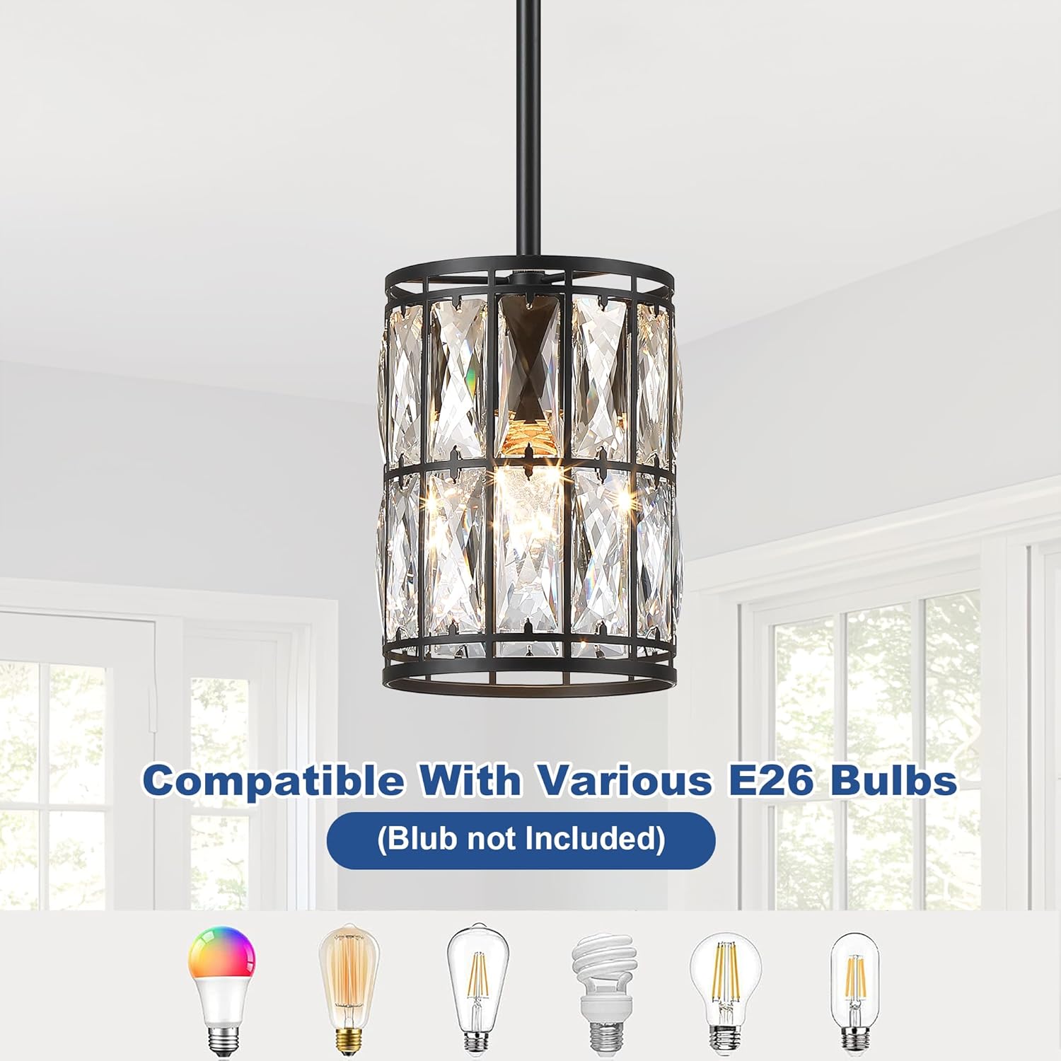 Modern Crystal Pendant Light Fixture 2-Pack Matte Black Finish Hanging Lighting Crystal Chandelier for Living Room, Kitchen