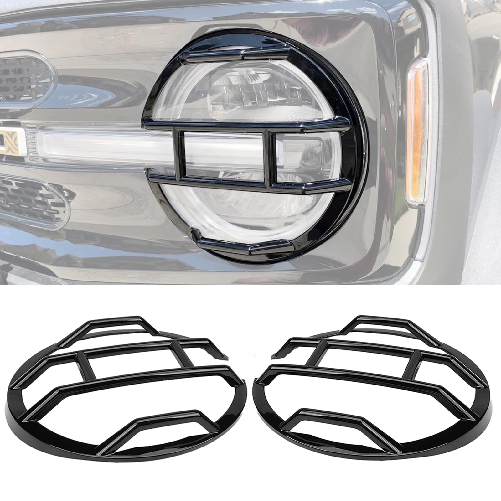 Front Headlight Lamp Guard Trim Protector Cover for Ford Bronco 2021 2022 2023 Exterior Accessories Decoration Guard Kit Headlight Bezels Cover 2-Pack (Black)
