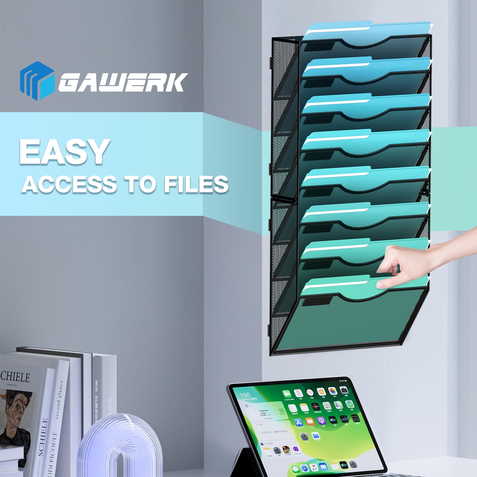 Gawerk 8-stöckiger Wandordner, Hängeregistraturhalter, Wandhalterung, Papierordner, Organizer, Netz-Magazin, Dokumente, Post, Organizer, Wand-Organizer für Büro, Schule, Zuhause, Schwarz